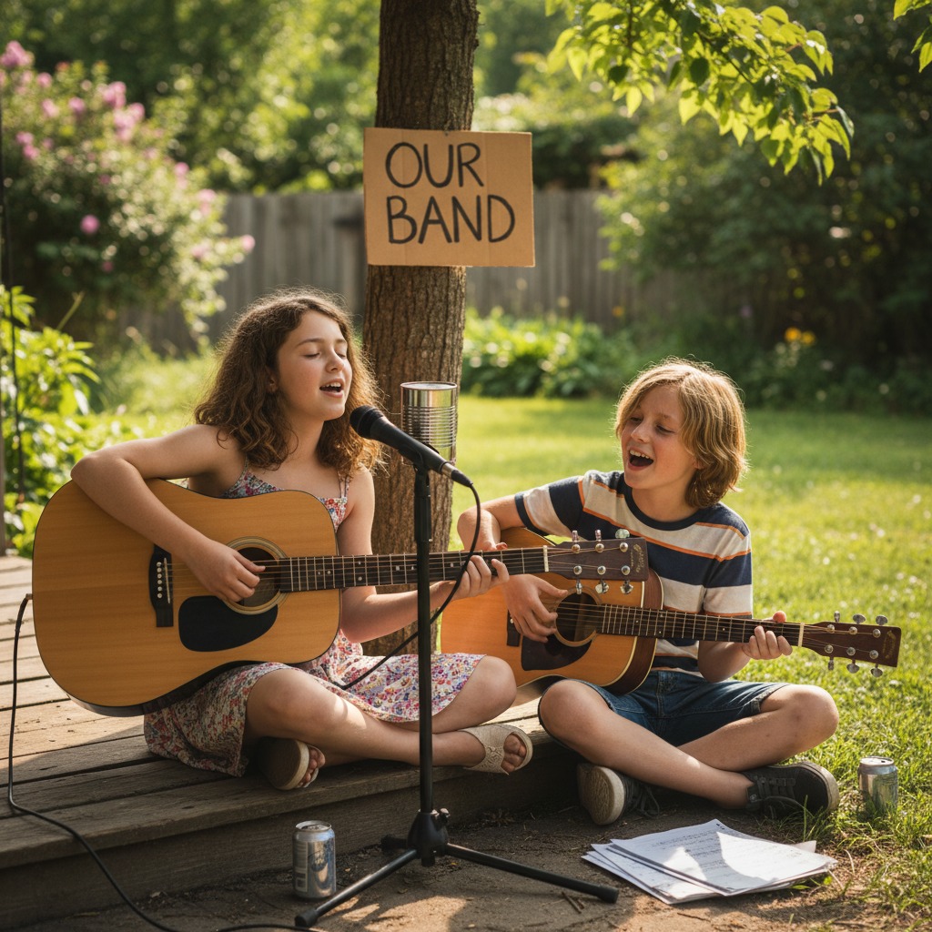 Zwei Kinder sitzen im Garten auf einer Holzterrasse, spielen Gitarre und singen vor einem Mikrofon unter einem Schild mit der Aufschrift „OUR BAND“.